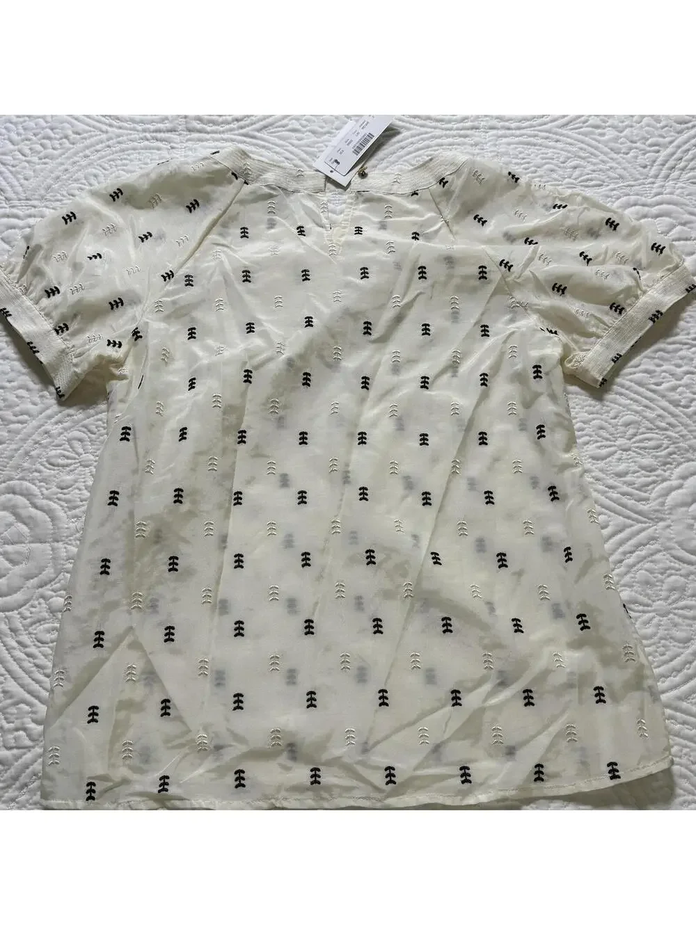 J.CREW Silk Blend‎ SZ 2 Short Sleeve Sheer Cream Embroidered Luxury Blouse NWT